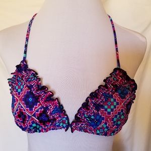 Geometric Bikini Top Ties Ruffle Triangle Multi Colored Blue Purple Black